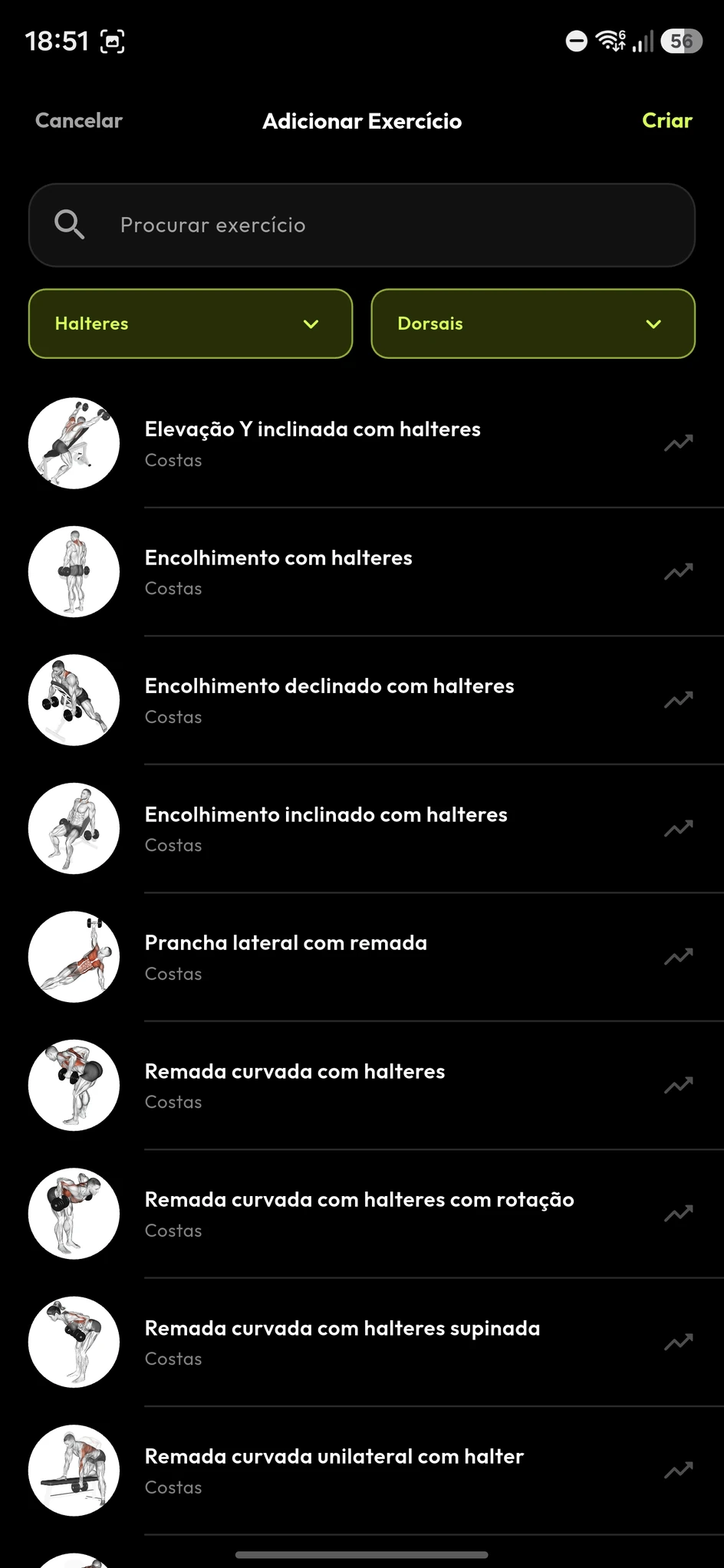 Catálogo de exercícios com filtros por halteres e grupo muscular